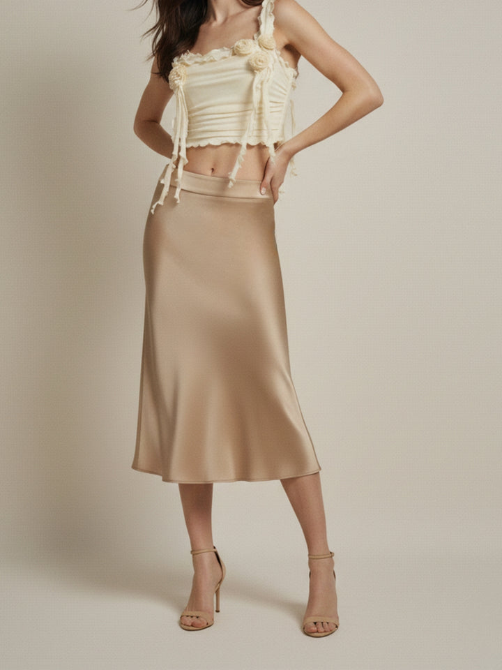 Champagne High Waist Flared Satin Skirt