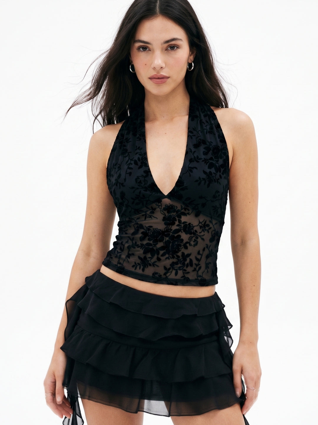 Black Halter Neck With Flock Mesh Top