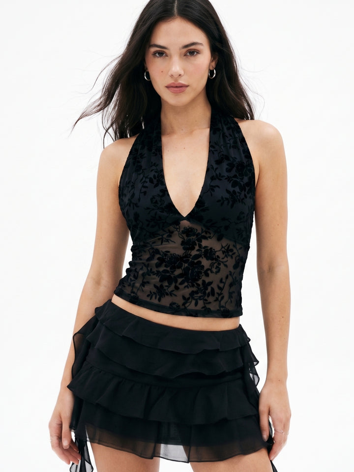Black Halter Neck With Flock Mesh Top