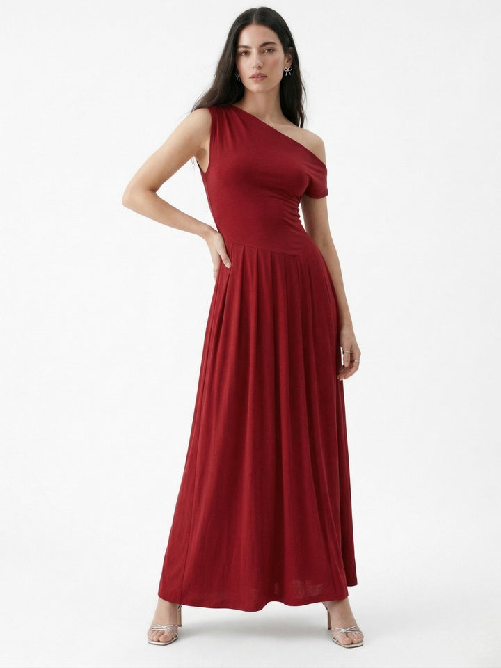 Red One Shoulder Drop Waist Dress