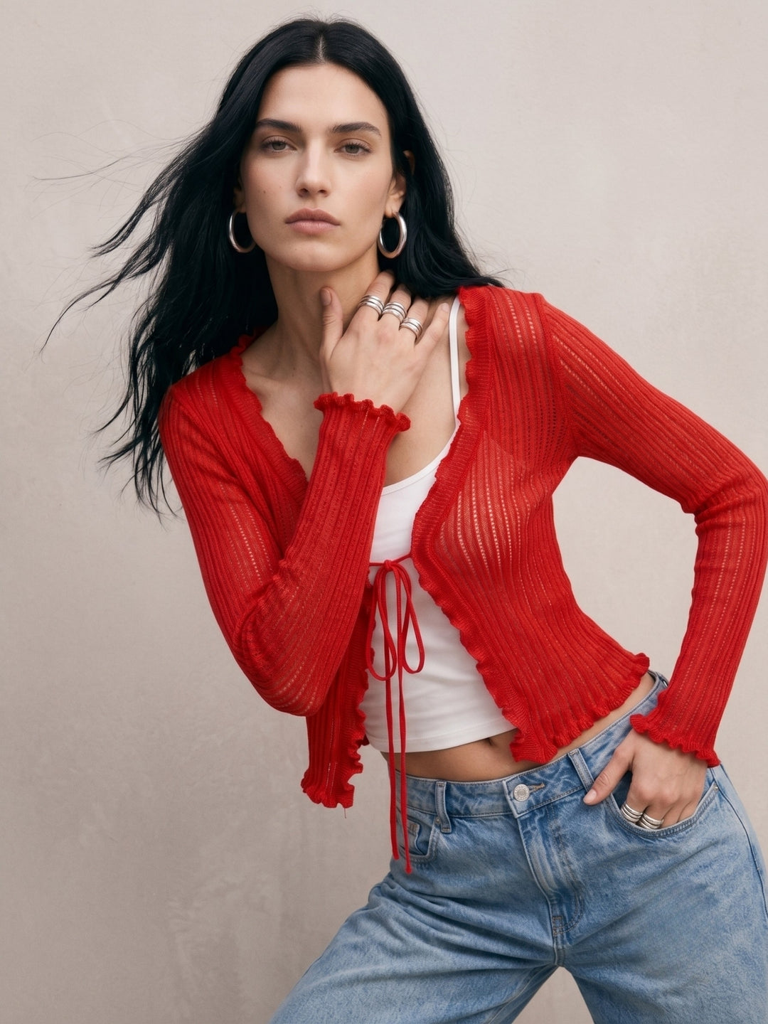 Red Ribbed Textured Front Tie Up Shrug Top