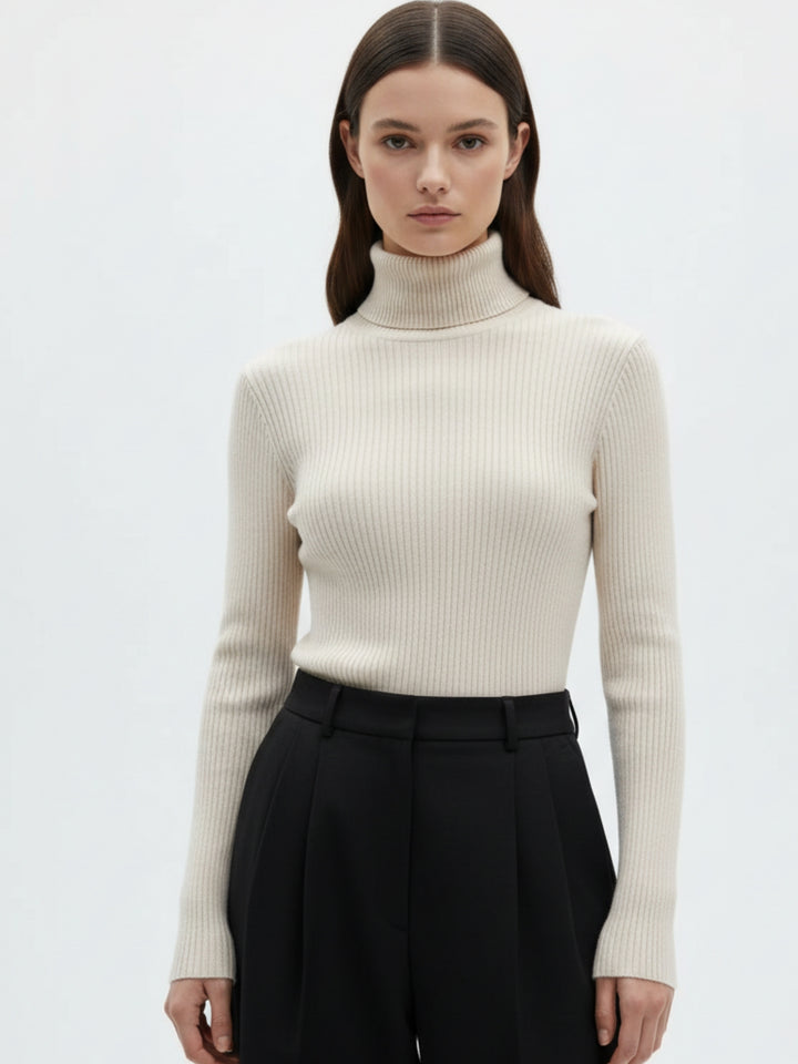 Beige Full Sleeve Turtle Neck Top