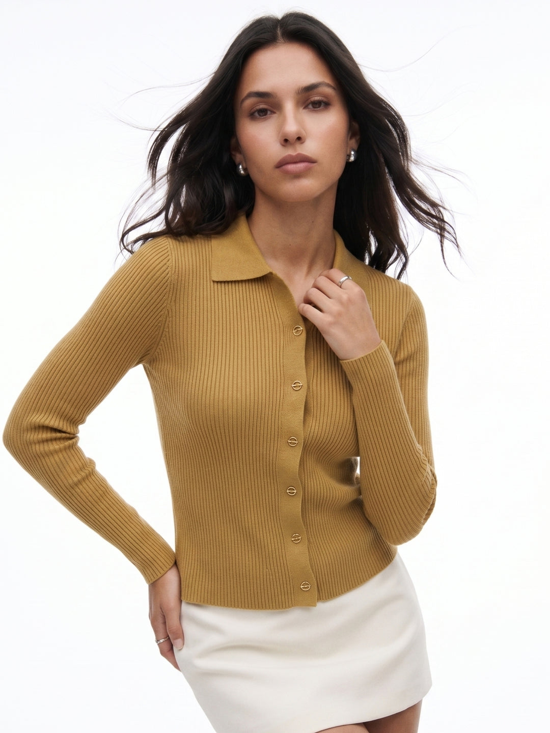 Tan Full Sleeve Collared Buttoned Top
