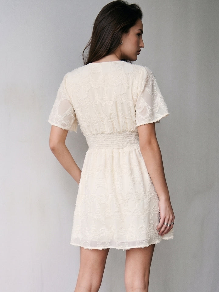 Off White Short Sleeve V Neck Textured Dress