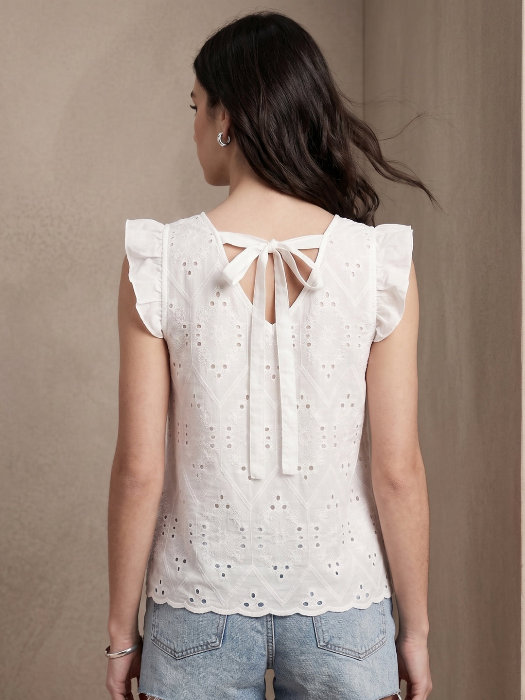 White Ruffle Sleeve Schiffli Top