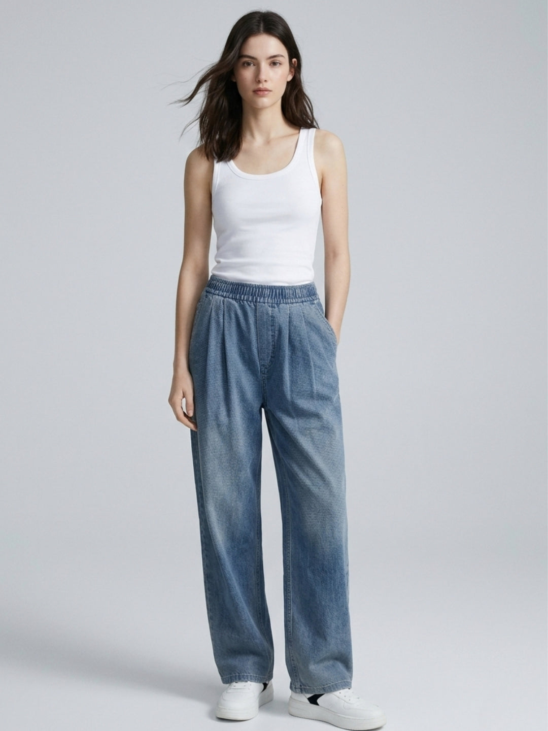 Blue High Waist Pleated Wide Leg Pant