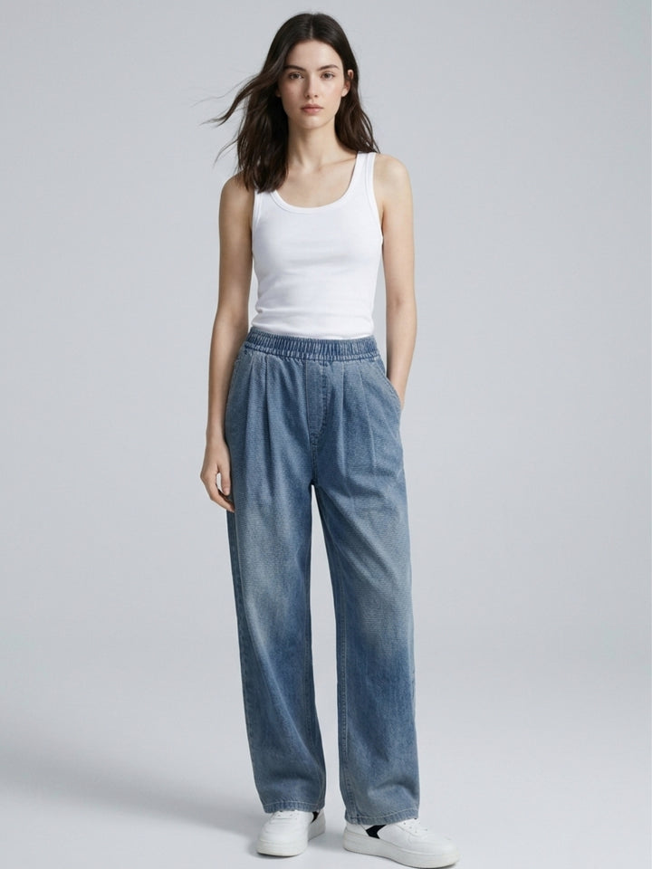 Blue High Waist Pleated Wide Leg Pant