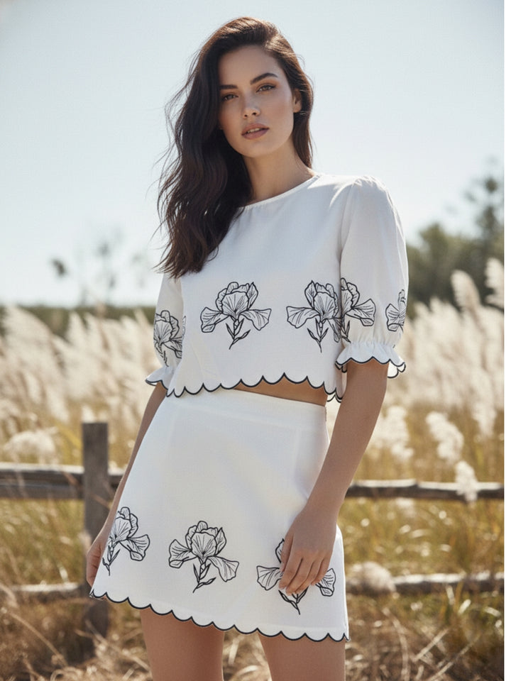 White Printed Top And Mini Skirt Co-Ord Set