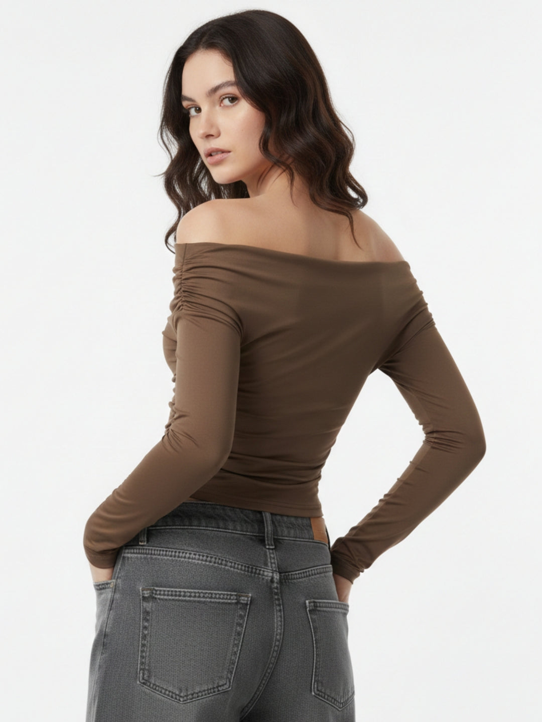 Brown Full Sleeve Off Shoulder Top