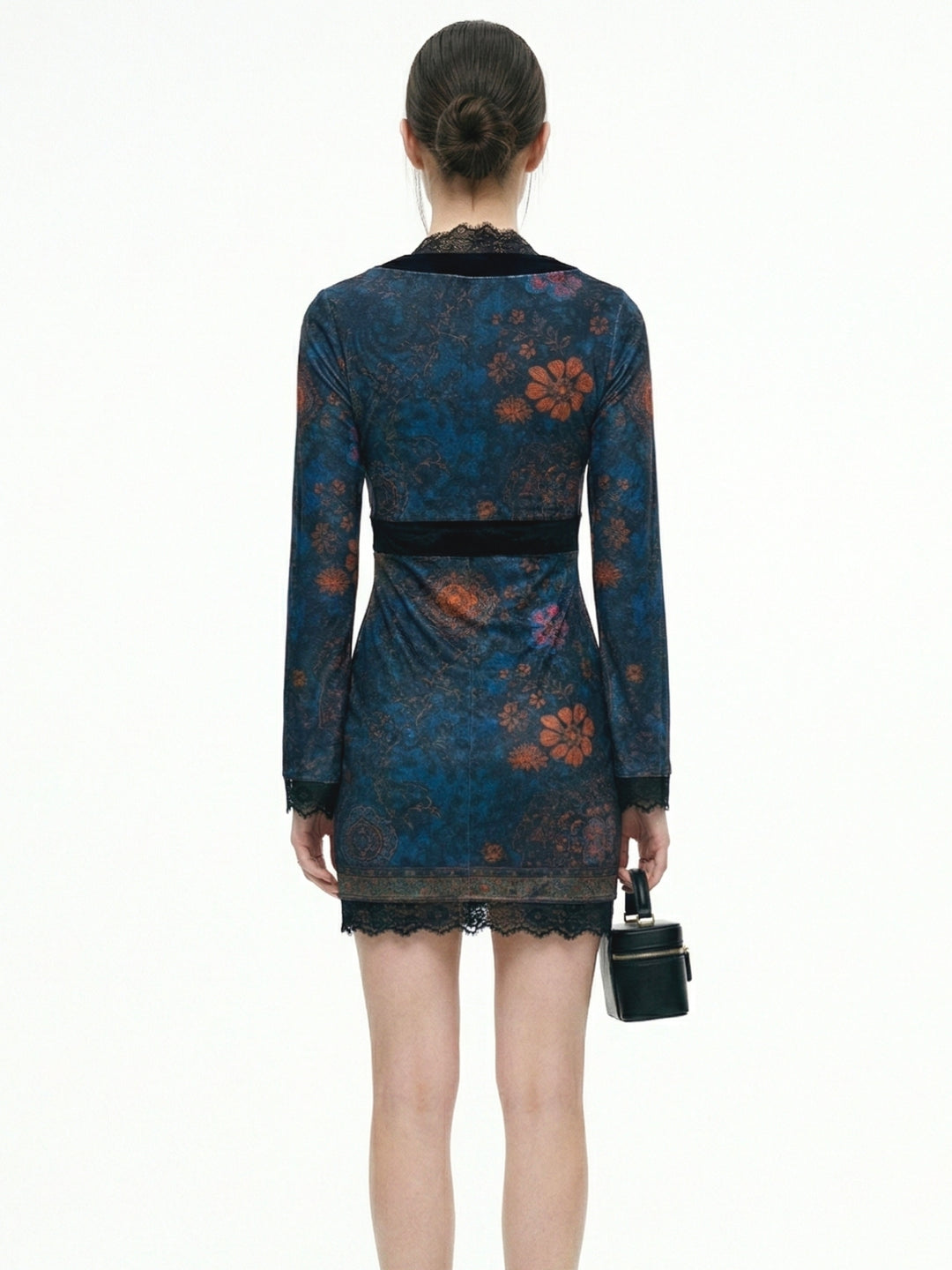 Navy blue Lace Detail Printed Bodycon Dress