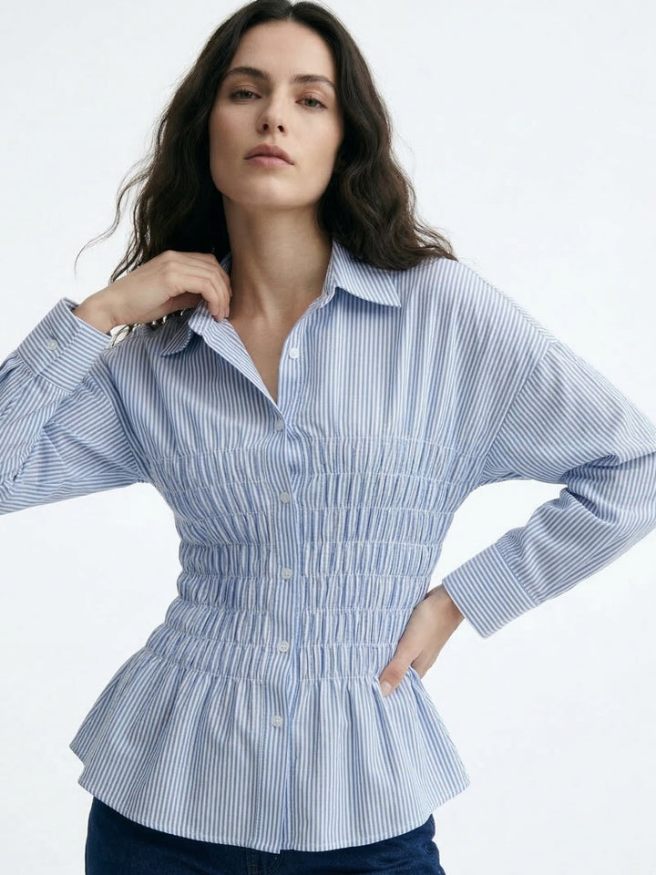 Light Blue Waist Smocked Fitted Collared Shirt