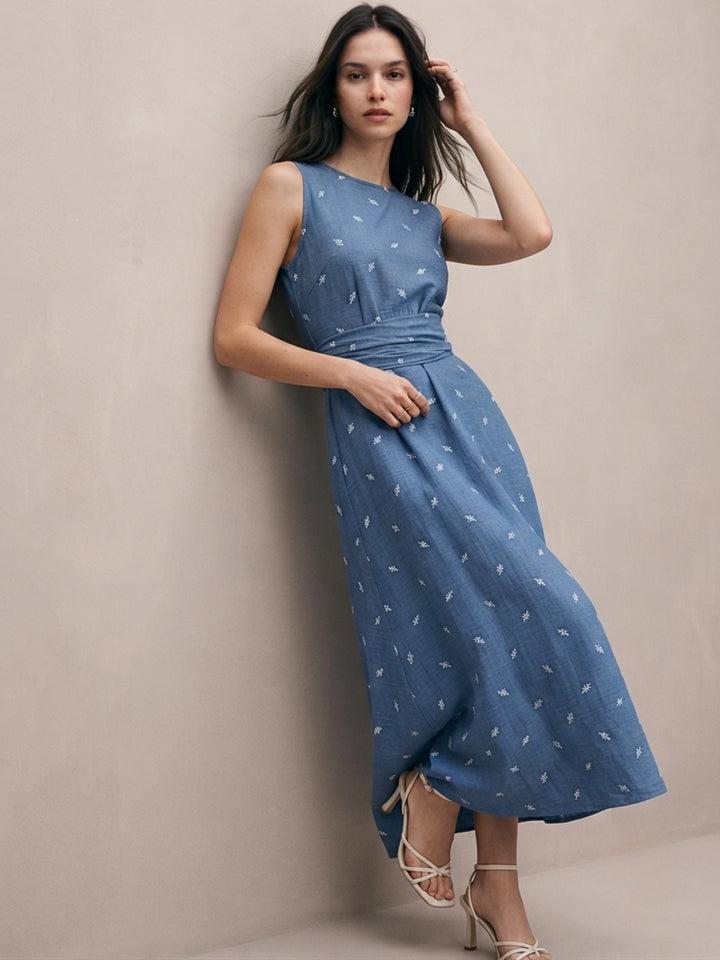 Blue All Over Printed Cinched Waist Dress