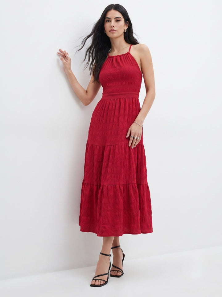 Red Halter Neck Textured Tiered Dress