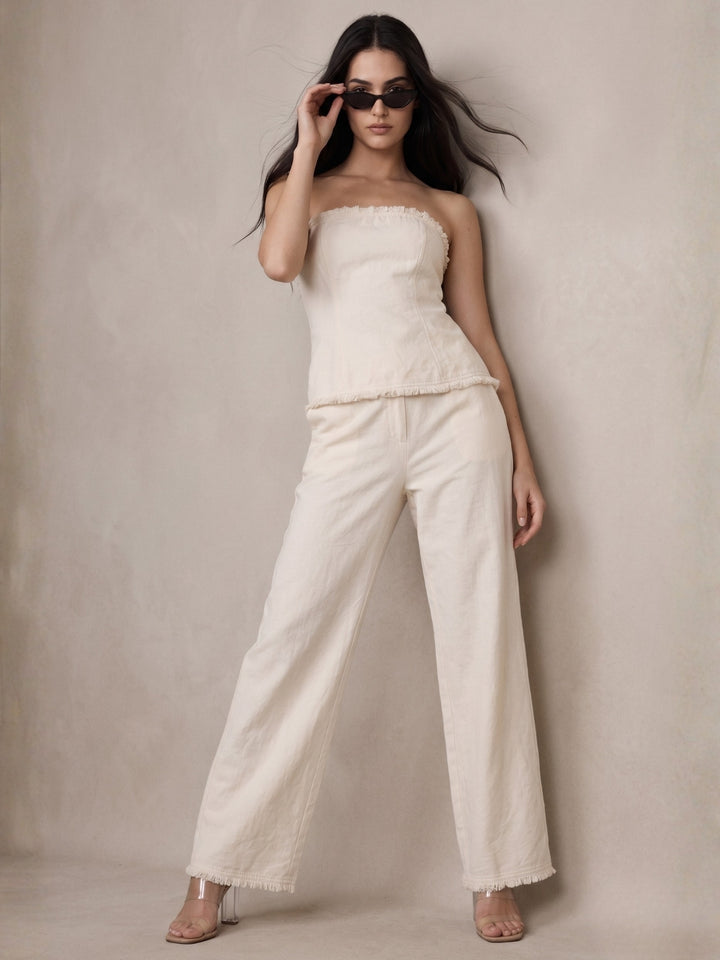 Cream Structured Tube Top And Pants Co-Ord Set