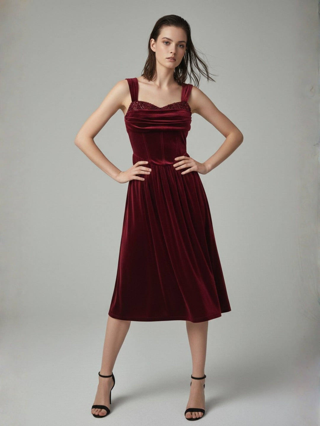Wine Sweetheart Neckline Flared Dress With Sequins