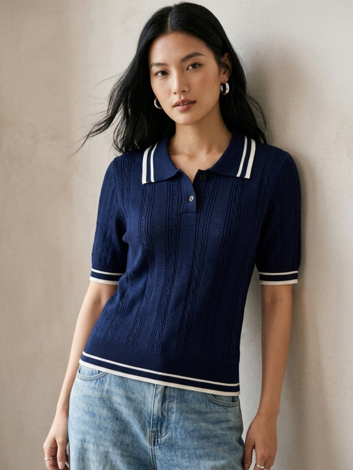 Navy Blue Contrast Striped Half Button Down Polo Top