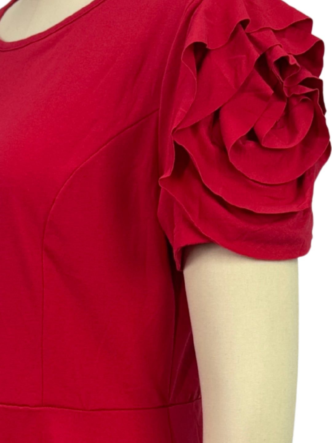 Red Skater Dress With Floral Corsages On The Sleeves
