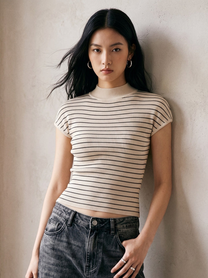 Beige High Neck Striped Tank