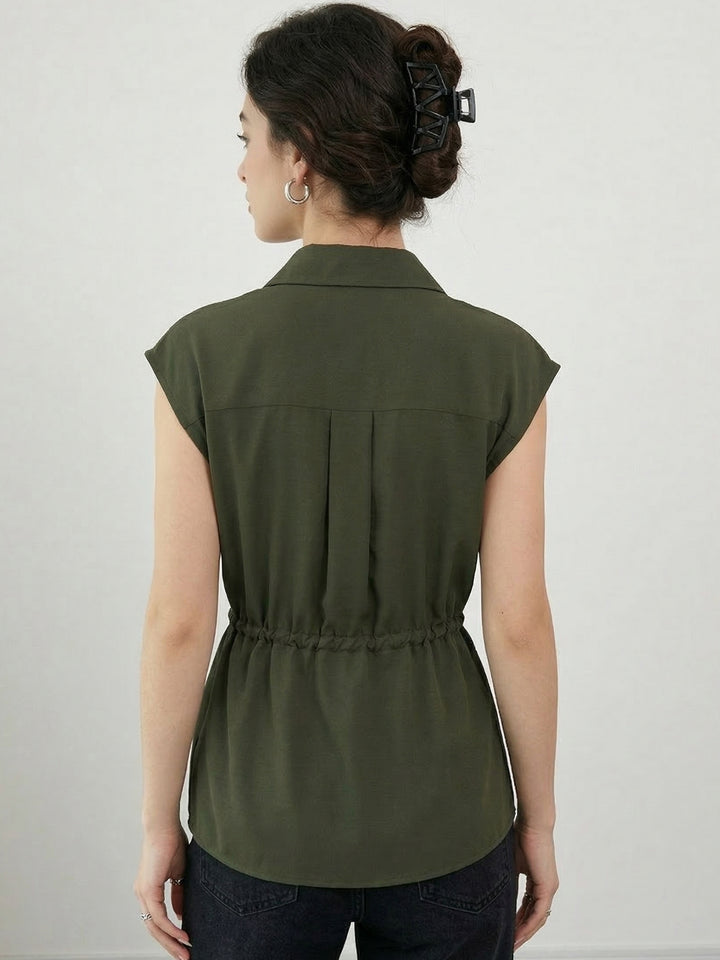 Teal Waist Detail Collared Top