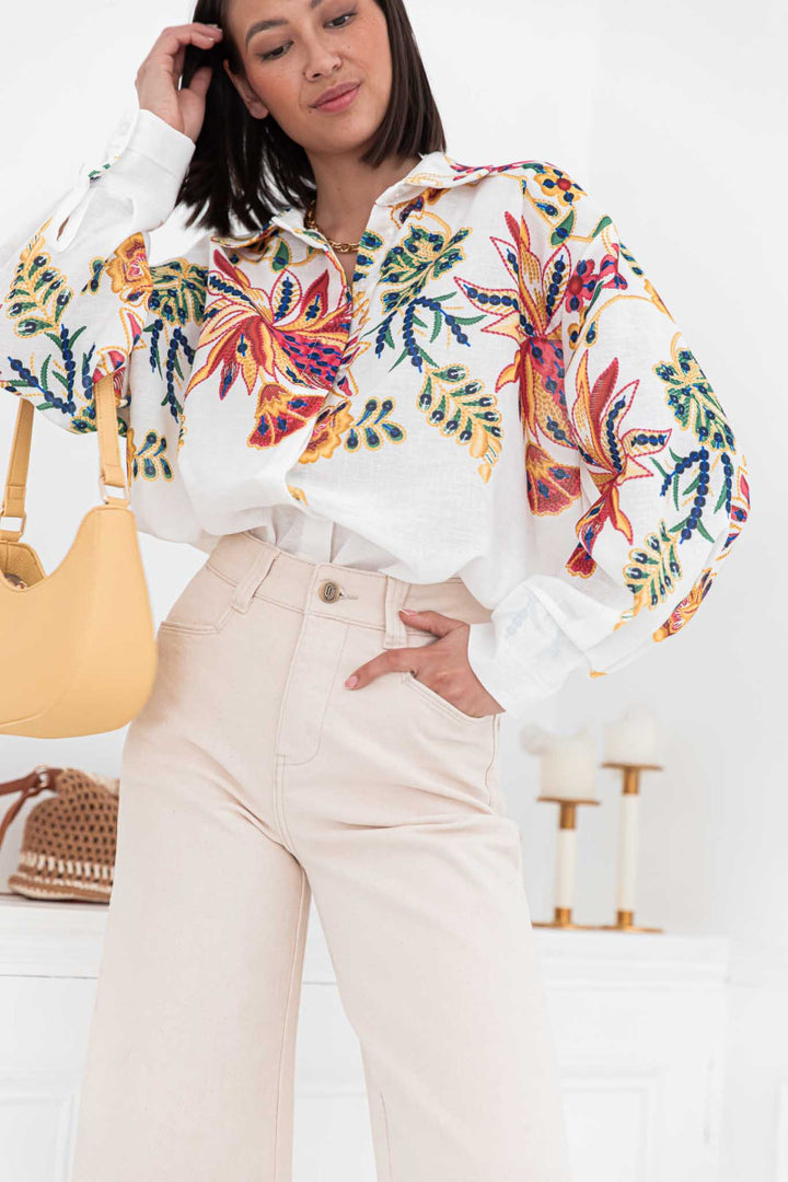 White Full Sleeve Embroidered Collared Top