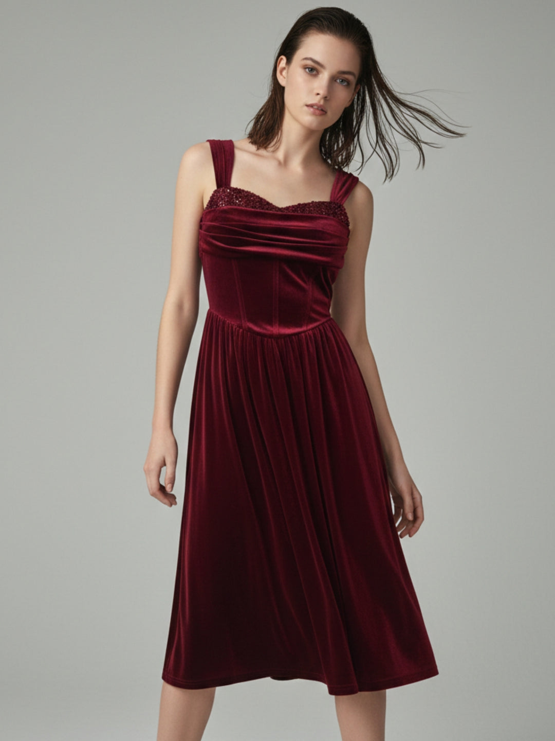 Wine Sweetheart Neckline Flared Dress With Sequins