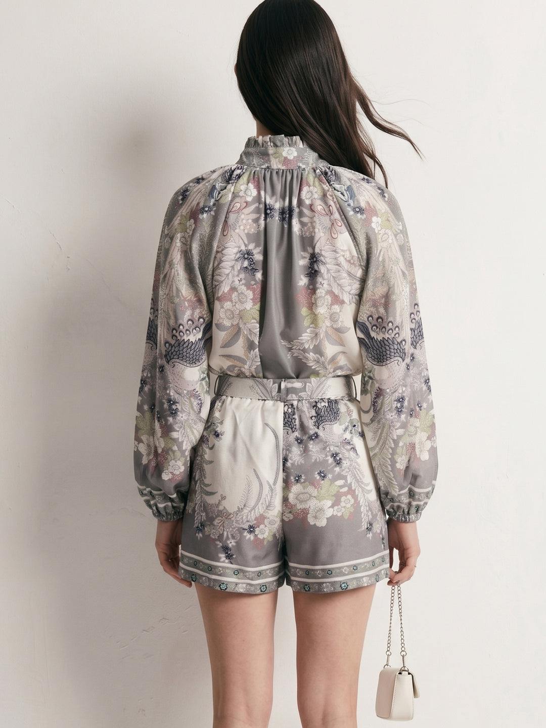 Grey Ruffle Neckline Printed Shirt And Shorts Set With Belts