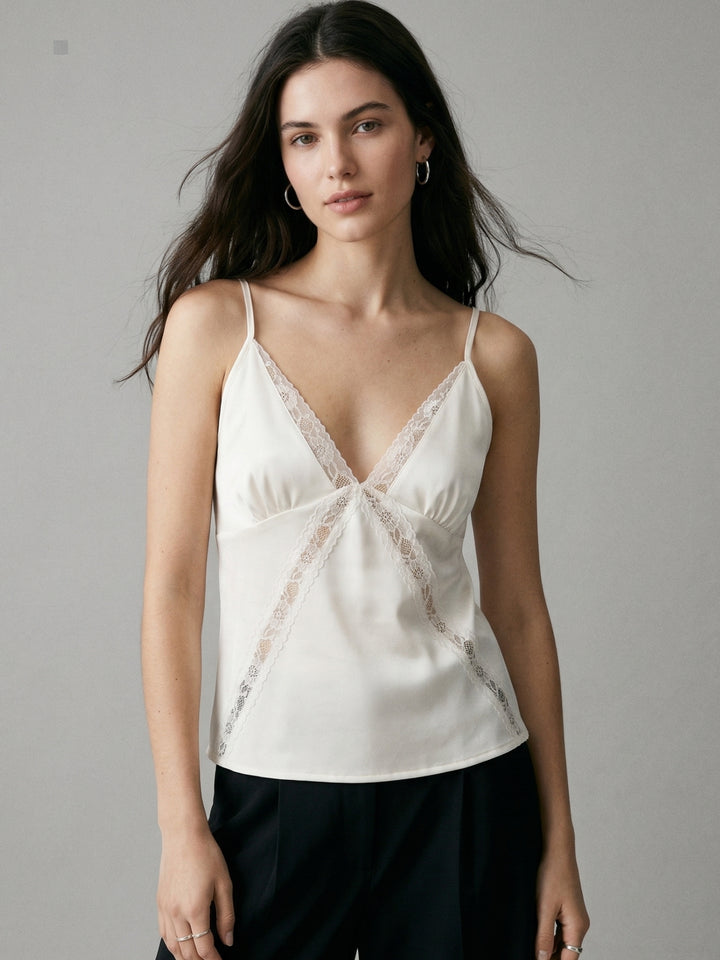 Off White Plunge Neck Camisoles With Criss Cross Lace Insert
