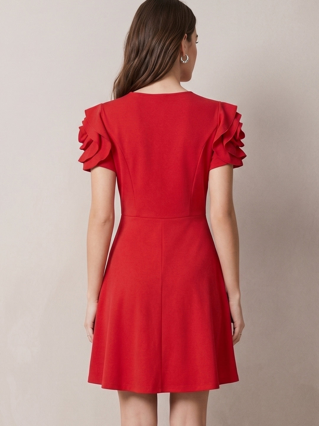 Red Skater Dress With Floral Corsages On The Sleeves
