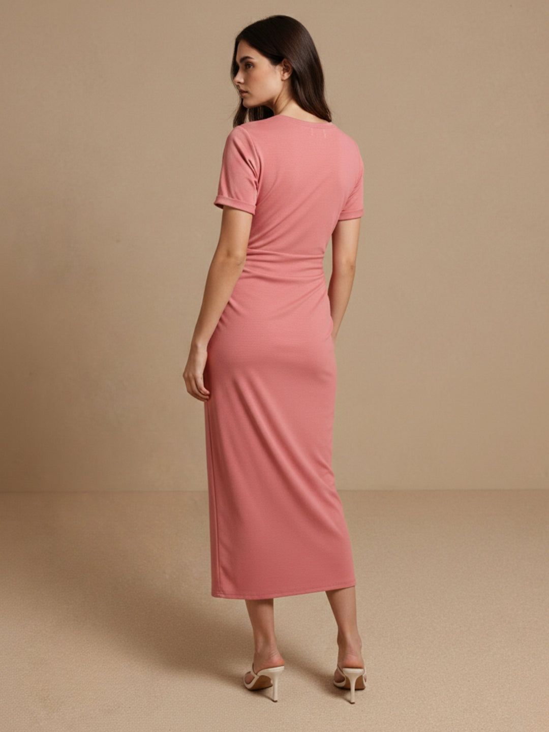 Pink Side Belted Short Sleeve Slit Dress