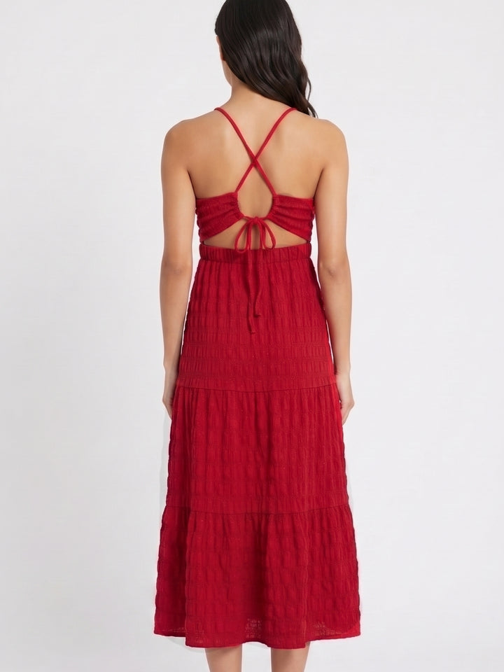 Red Halter Neck Textured Tiered Dress