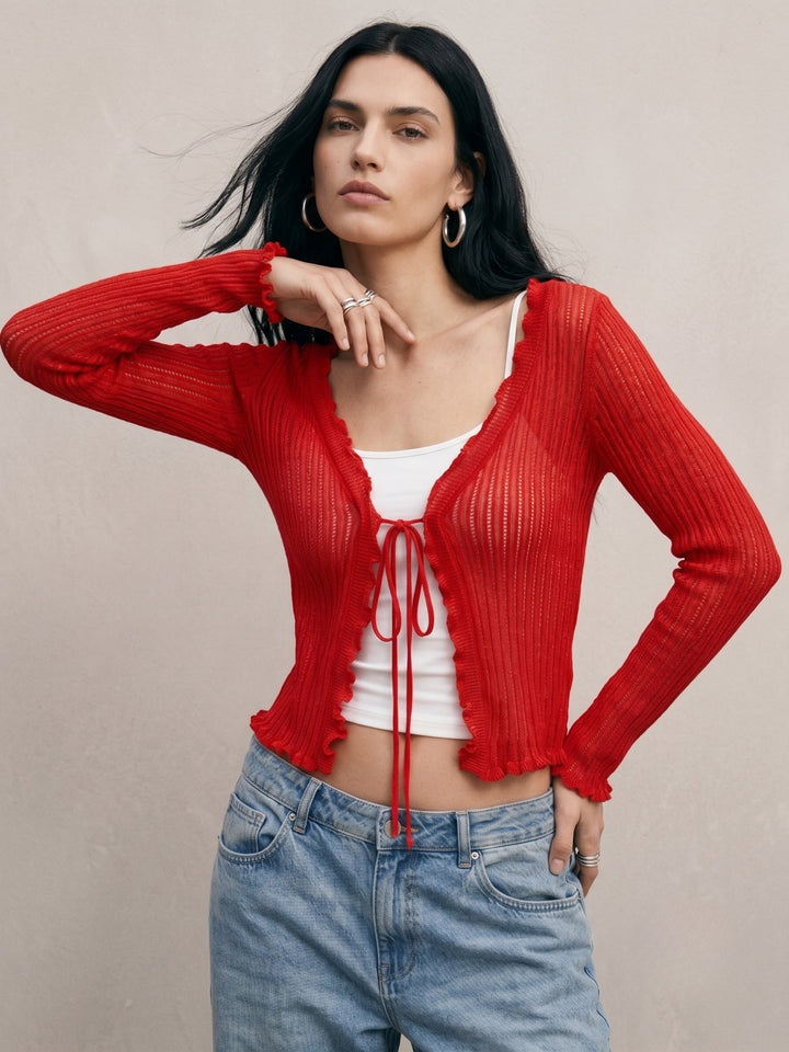Red Ribbed Textured Front Tie Up Shrug Top