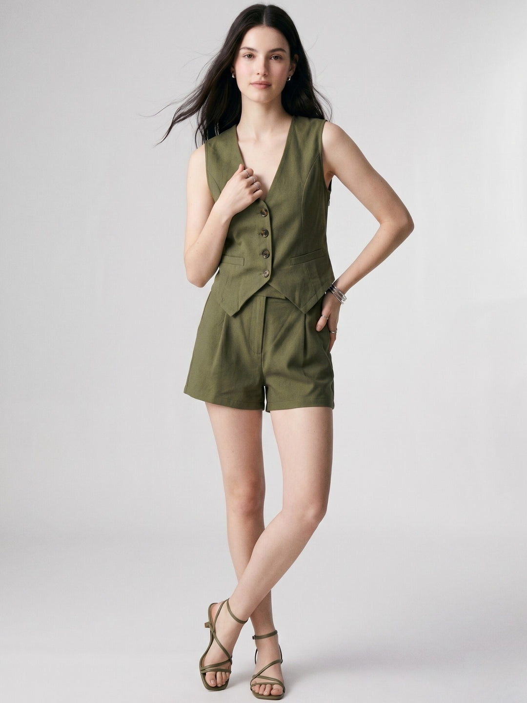 Olive Sleeveless Front Buttoned Vest And Shorts Set