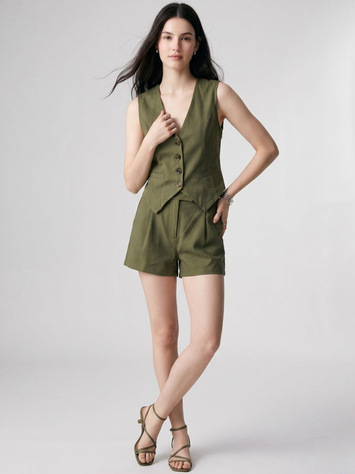 Olive Sleeveless Front Buttoned Vest And Shorts Set