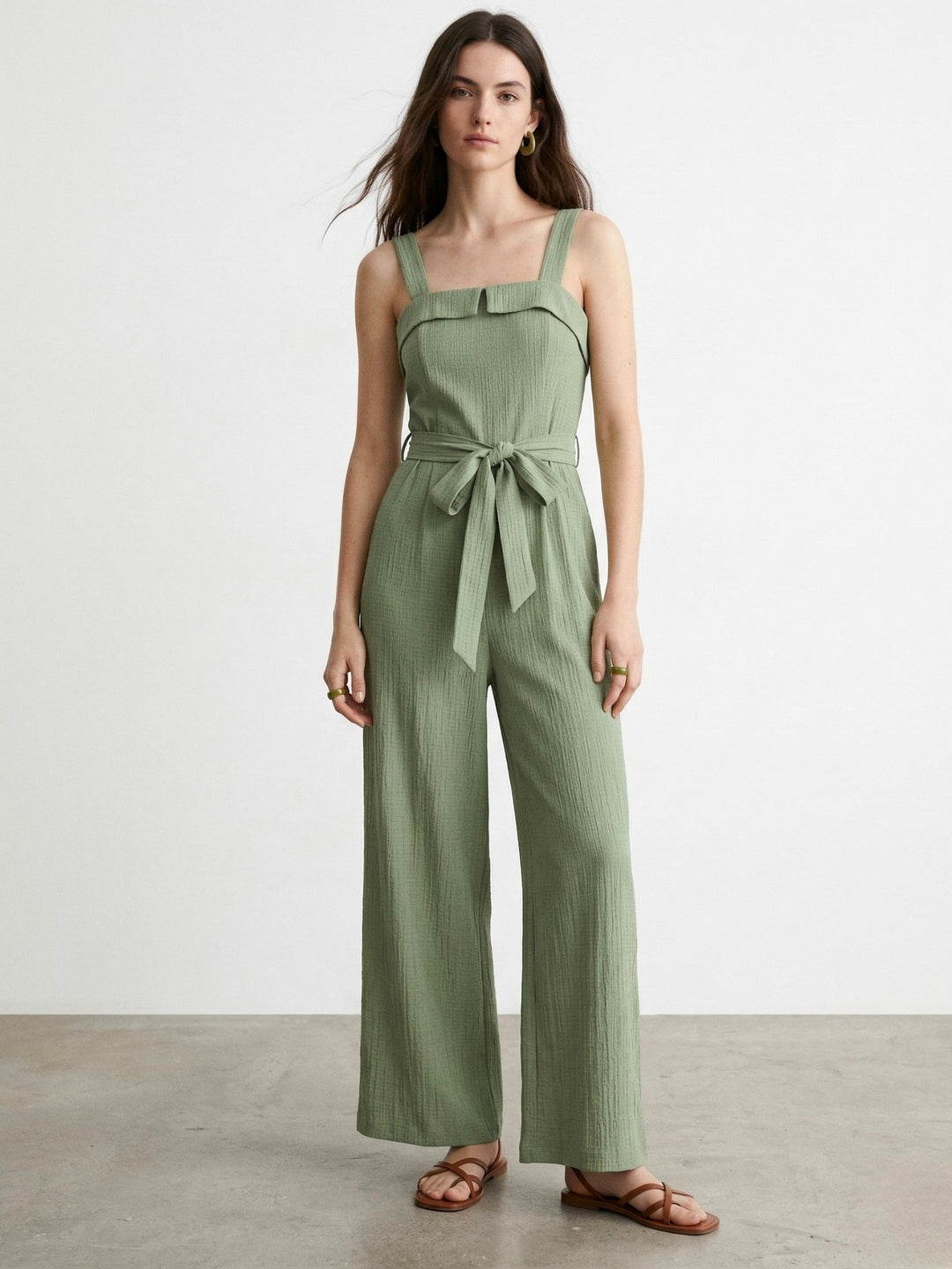 Green Shoulder Strap Waist Tie Up Jumpsuits