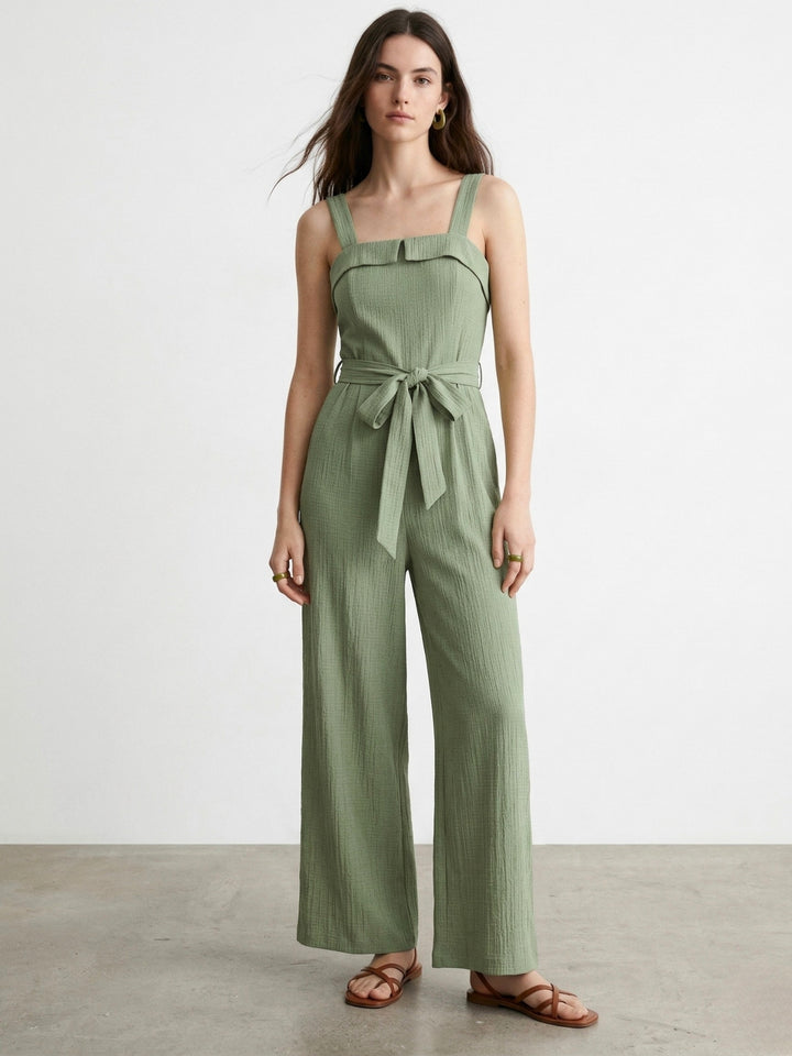 Green Shoulder Strap Waist Tie Up Jumpsuits