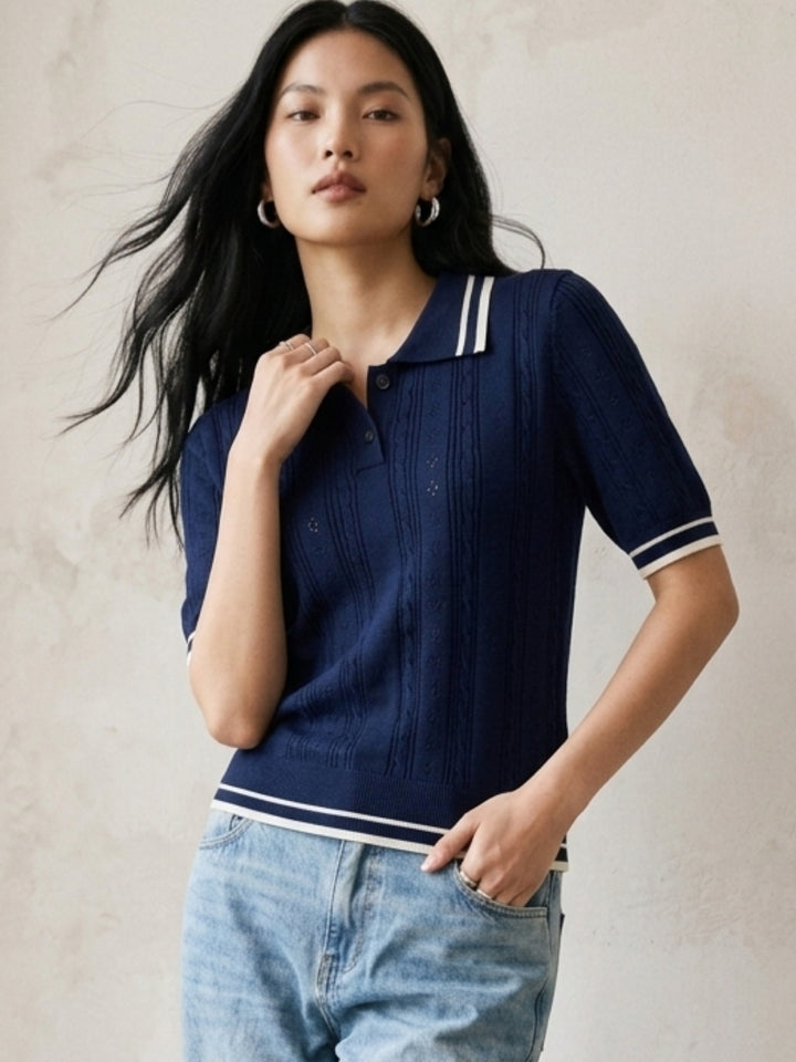 Navy Blue Contrast Striped Half Button Down Polo Top