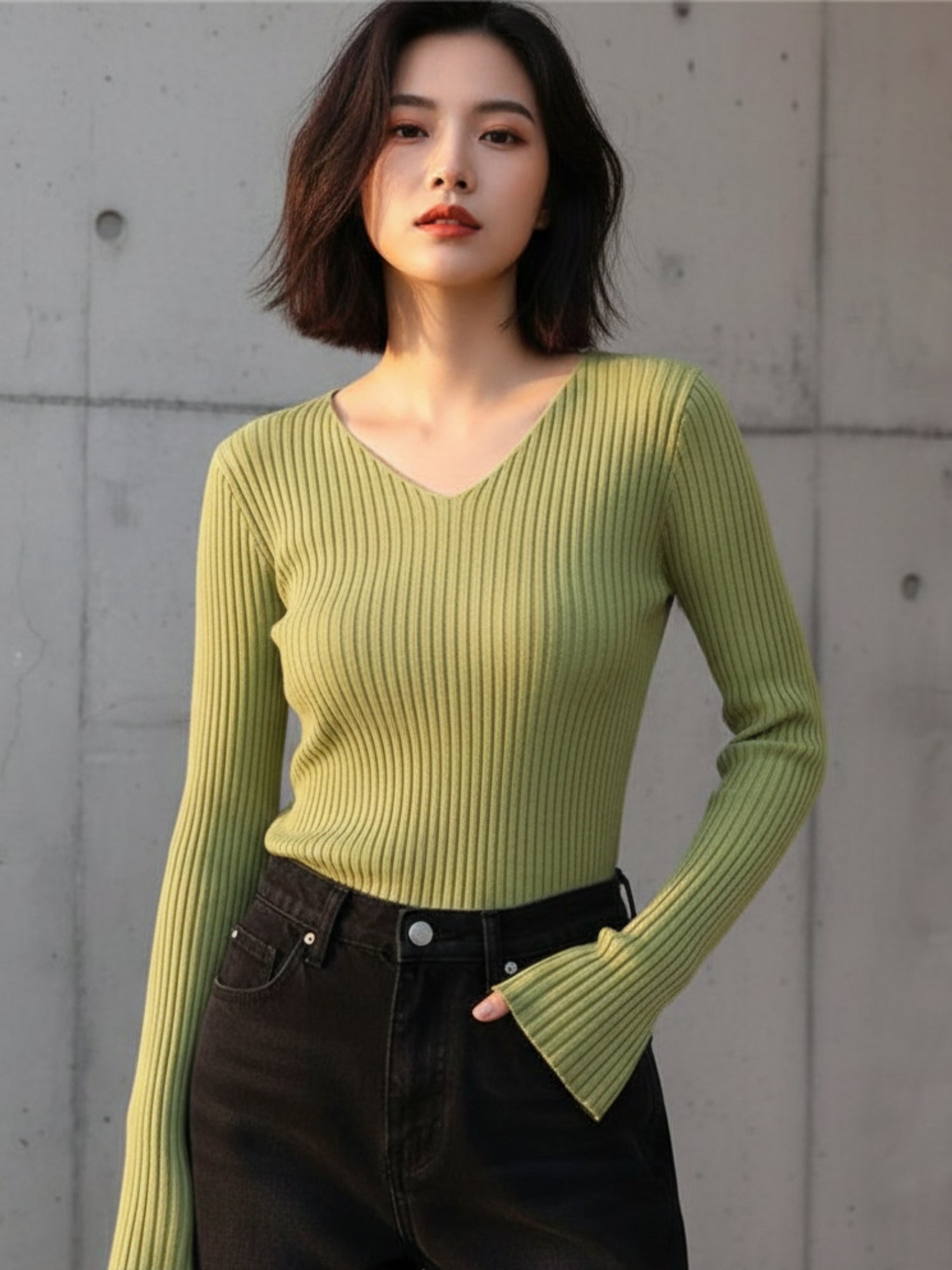 Light Green Full Sleeve V Neck Fitted Top