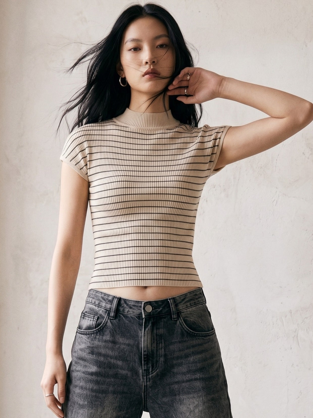 Beige High Neck Striped Tank