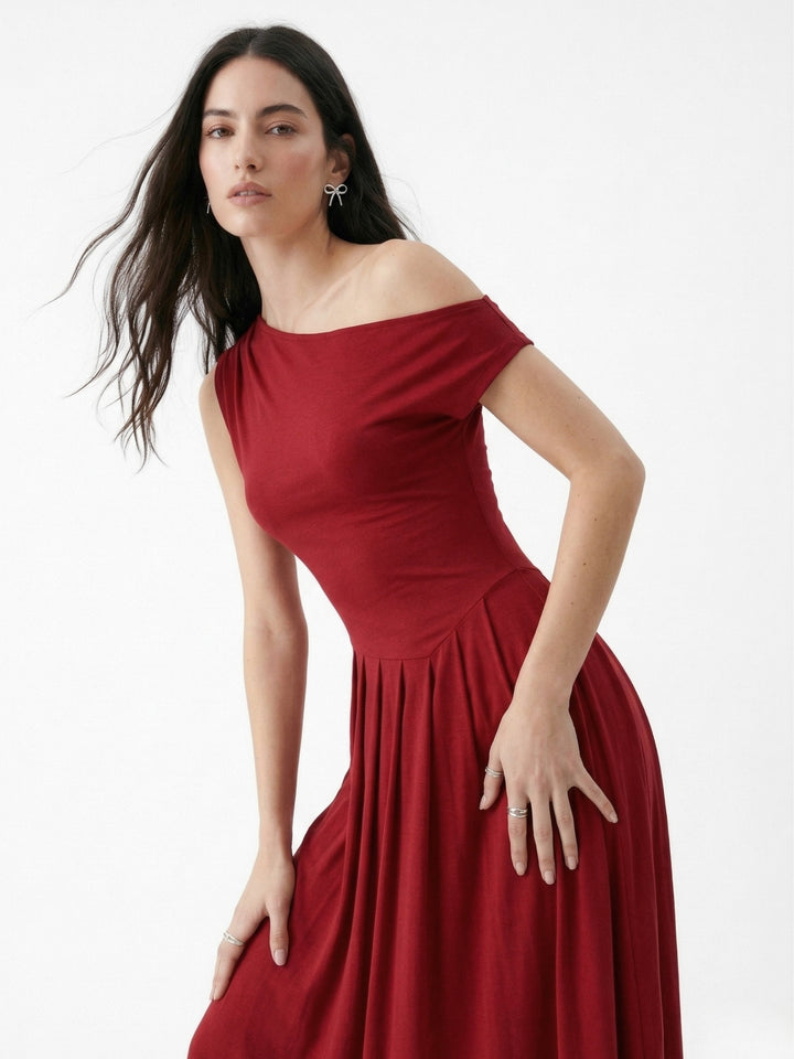 Red One Shoulder Drop Waist Dress