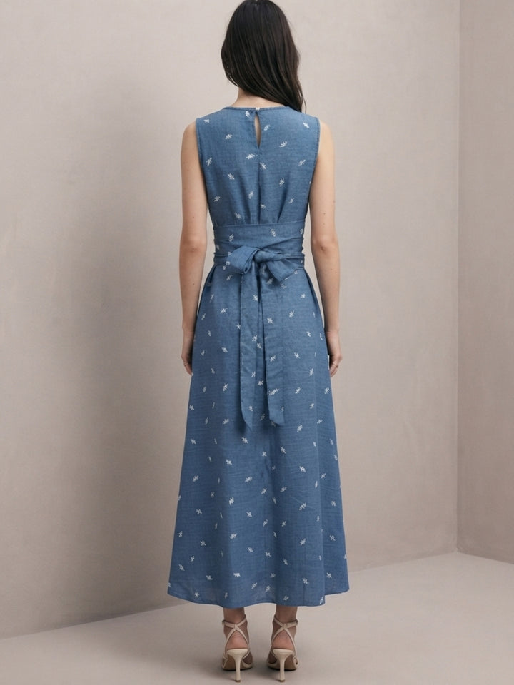 Blue All Over Printed Cinched Waist Dress