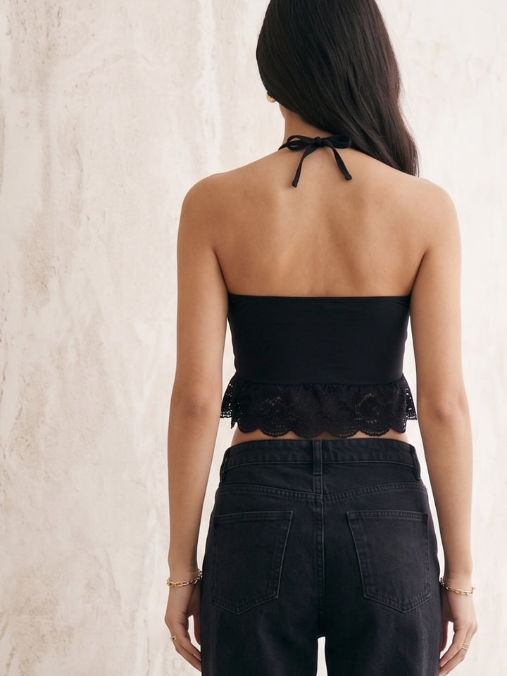 Black Halter Neck Ruffle Lace Hem Top