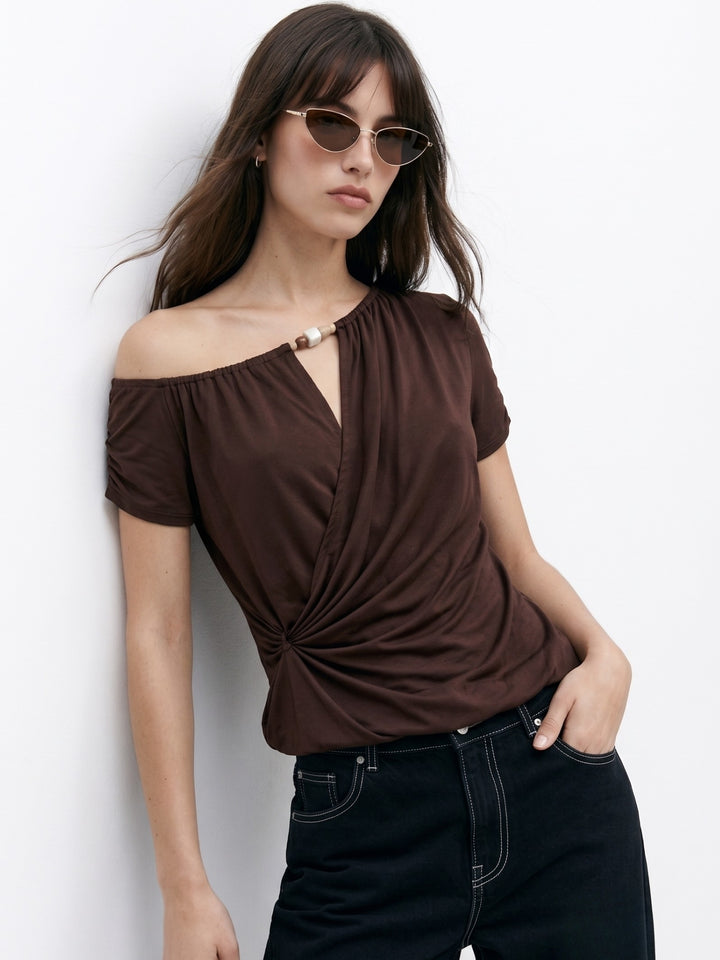 Brown Short Sleeve One Shoulder Twisted Detail Top