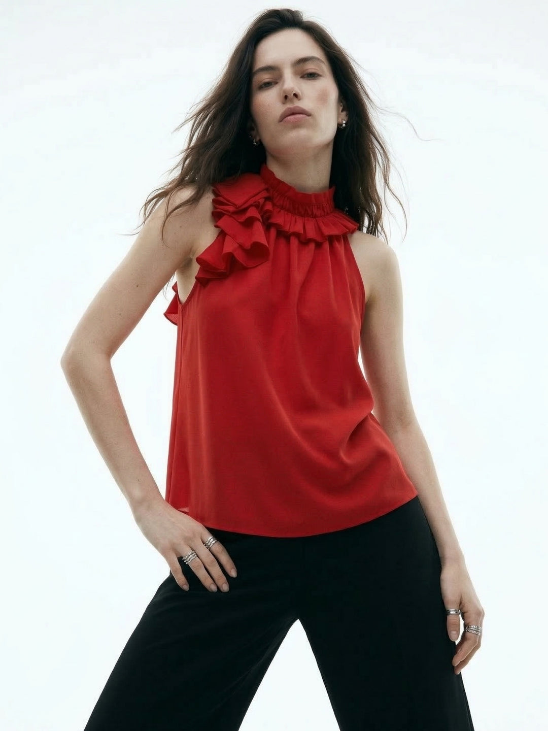 Red Halter Neck Ruffle Detail Top