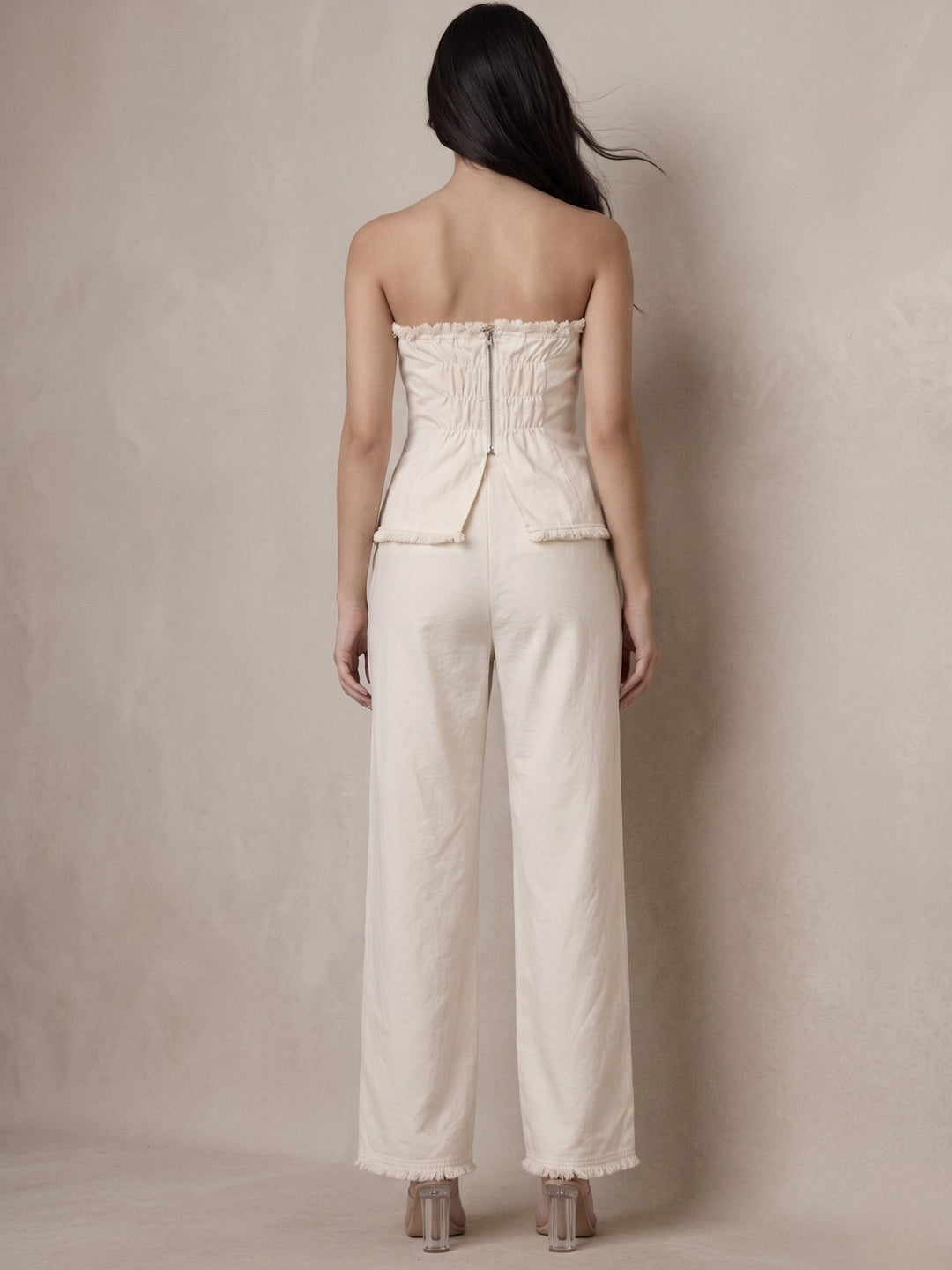 Cream Structured Tube Top And Pants Co-Ord Set