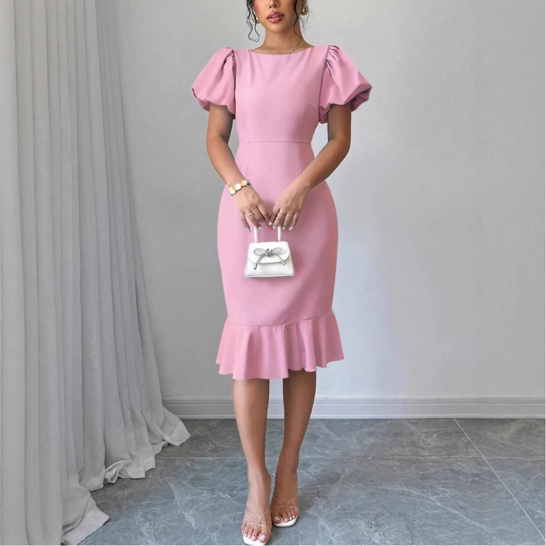 Pink Puff Sleeved Solid Dress