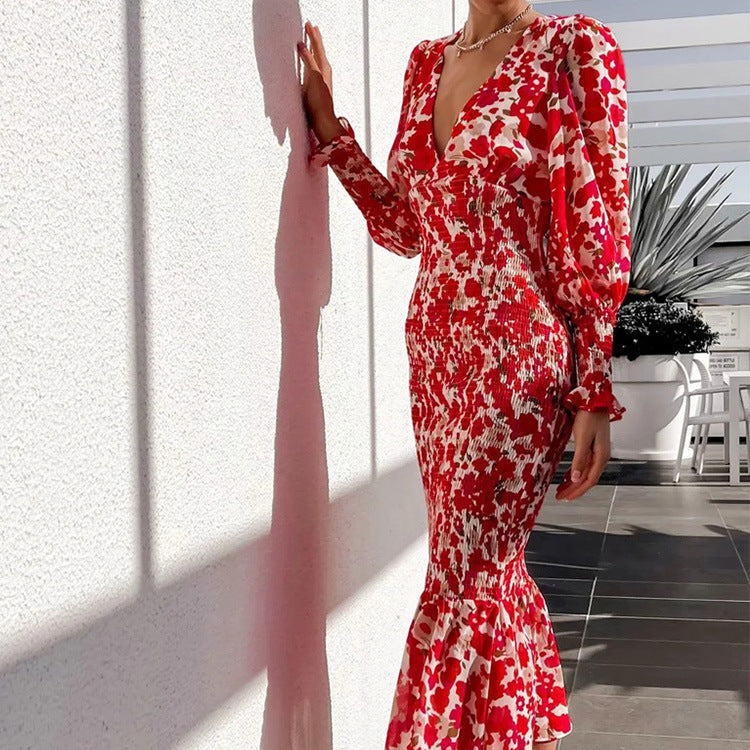 Red Plunge Neck Printed Cinched Waist Dress