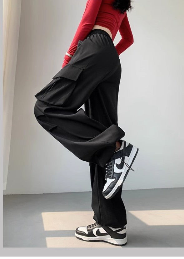 Black Drawstring Parchute Pin Tucked Cargo Pants