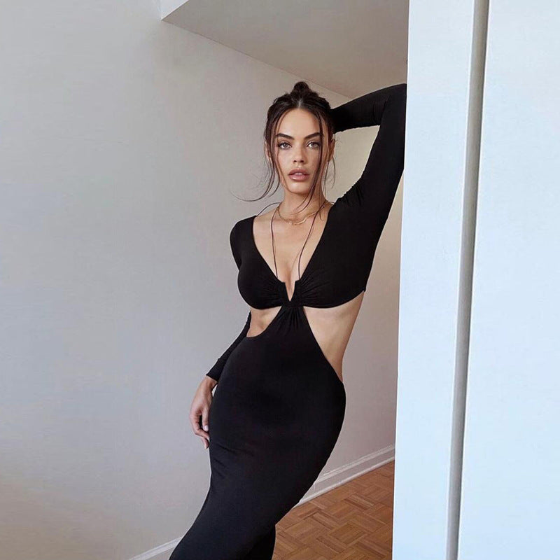Black V-Neck Long Sleeve Cut-Out Dress