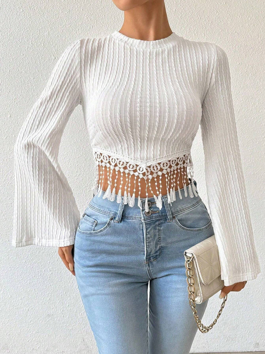 White Off Shoulder Bell Sleeve Asymmetrical Top