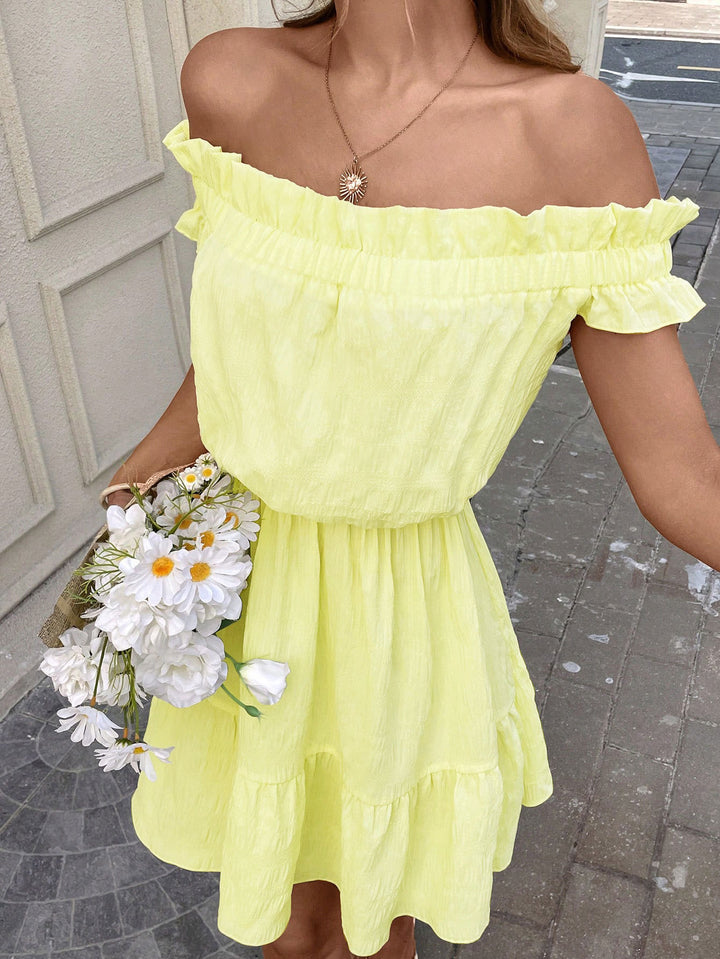 Yellow Off Shoulder Tiered Dress